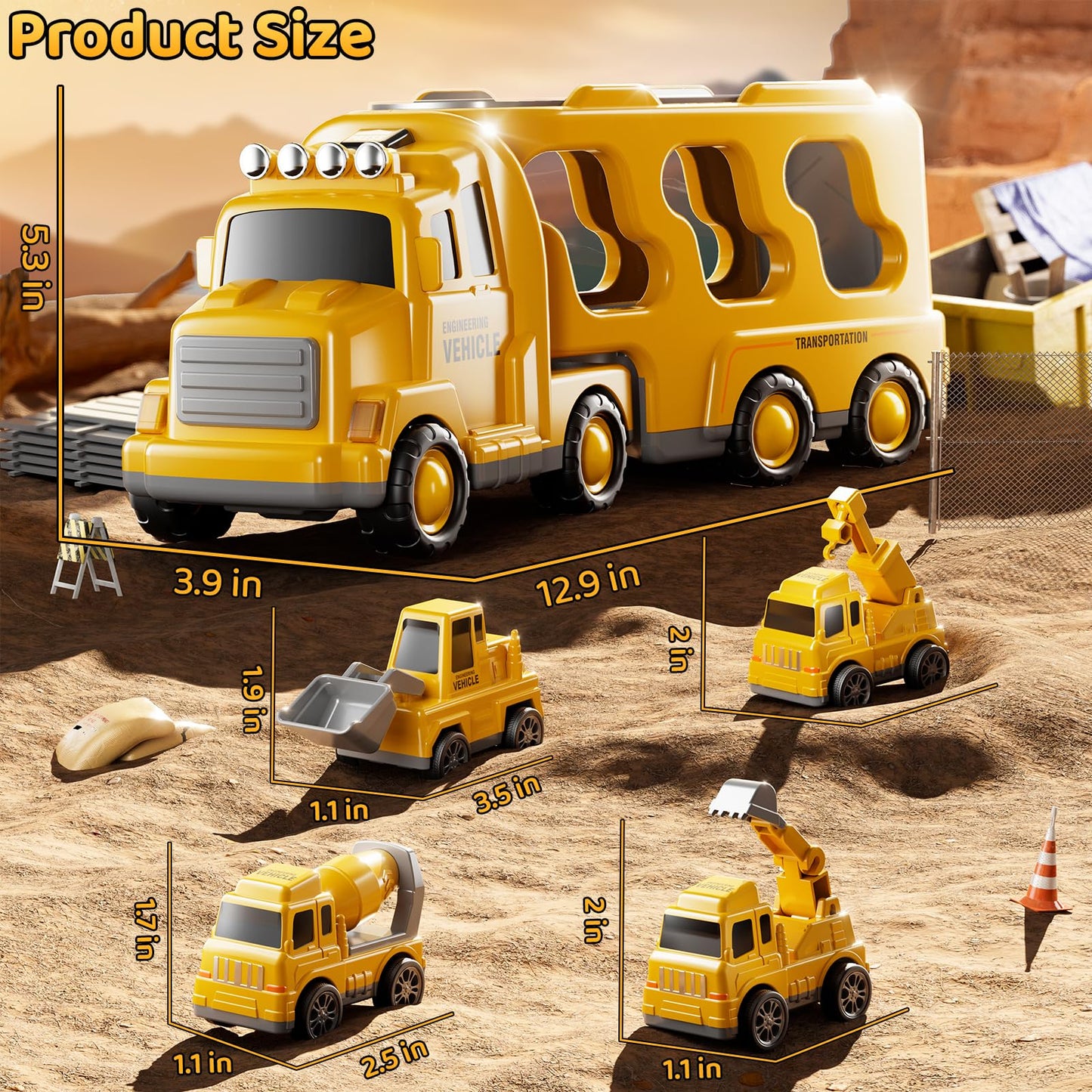 DULONIME Construction Truck Toys Set for Kids Aged 1 2 3 4 5 6 7 8, Truck Playset with Toy Car, Light and Sound, Movable Parts Construction Toys for Toddlers, Birthday Gifts for Boys Girls 2-4 4-7