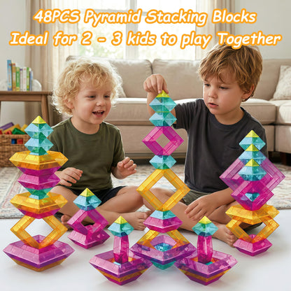 TEANXU 48 PCS Building Blocks Set for Kids, STEM Preschool Learning Stacking Toys for Toddlers Ages 3 4 5 6 - Pyramid Stacking Blocks with Storage Bag - Light Table Compatible