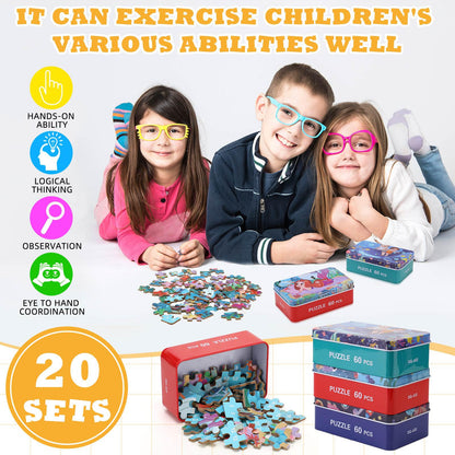 Silipull 20 Boxes Party Favors Jigsaw Puzzles in a Metal Box for Age of 4-8, Wooden Puzzle for Ages 4-8 Boys and Girls Learning Educational Puzzles Toys, 20 Styles