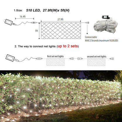 Lovelite 510 LED Christmas Net Lights, 28ft x 5ft Mesh Lights Outdoor Clear Wire 8 Modes, Waterproof Connectable String Lights Plug in for Xmas Tree Bushes Garden Holiday Party Decorations - White