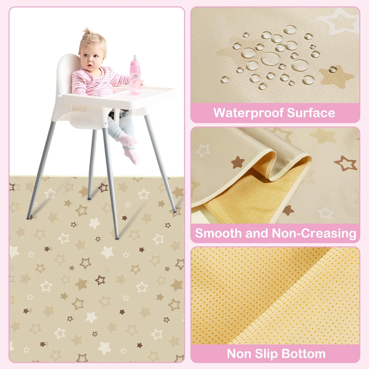 Basumee Splat Mat High Chair Mat Waterproof Baby Play Splat Mat for Under High Chair Food Catcher Highchair Mat for Floor Non Slip Bottom, Brown Stars, 46x42 Inches