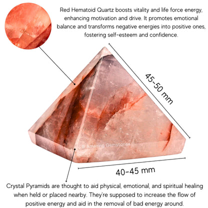 Amazing Gemstone Red Hematoid Quartz Pyramid Crystal Healing Stones - 2" Great Pyramid Figurine of Natural Stone Pyramid for Meditation, Reiki, Chakra Balancing and Crystal Pyramids Grid