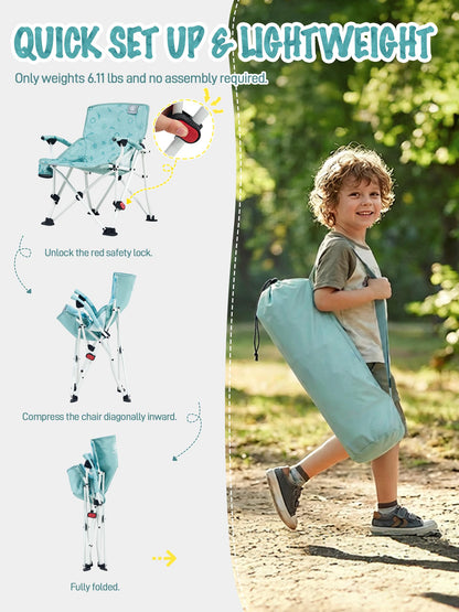 EVER ADVANCED Kids Camping Chairs with Cup Holder, Padded Folding Camping Chair Outdoor with Safety Lock, Carry Bag, Lightweight Portable Camp Chairs for Beach, Balcony, Patio, Supports 150lbs, Green