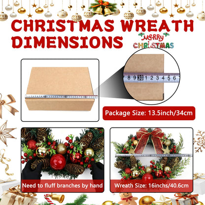 TXRXIZ 16 Inch Pre-Lit Christmas Door Wreath with Timer & Hanger & 50LED Warm Lights, Decor with Bow & Golden Ball & Star ect., Artificial Christmas Wreath for Door & Window & Fireplace
