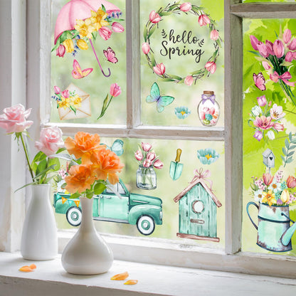 Whaline 75 Pcs Spring Summer Tulip Window Clings Tulip Flower Umbrella Truck Window Stickers Hello Spring Double-Side Glass Decals for Home Office School Party Shop Display Decoration