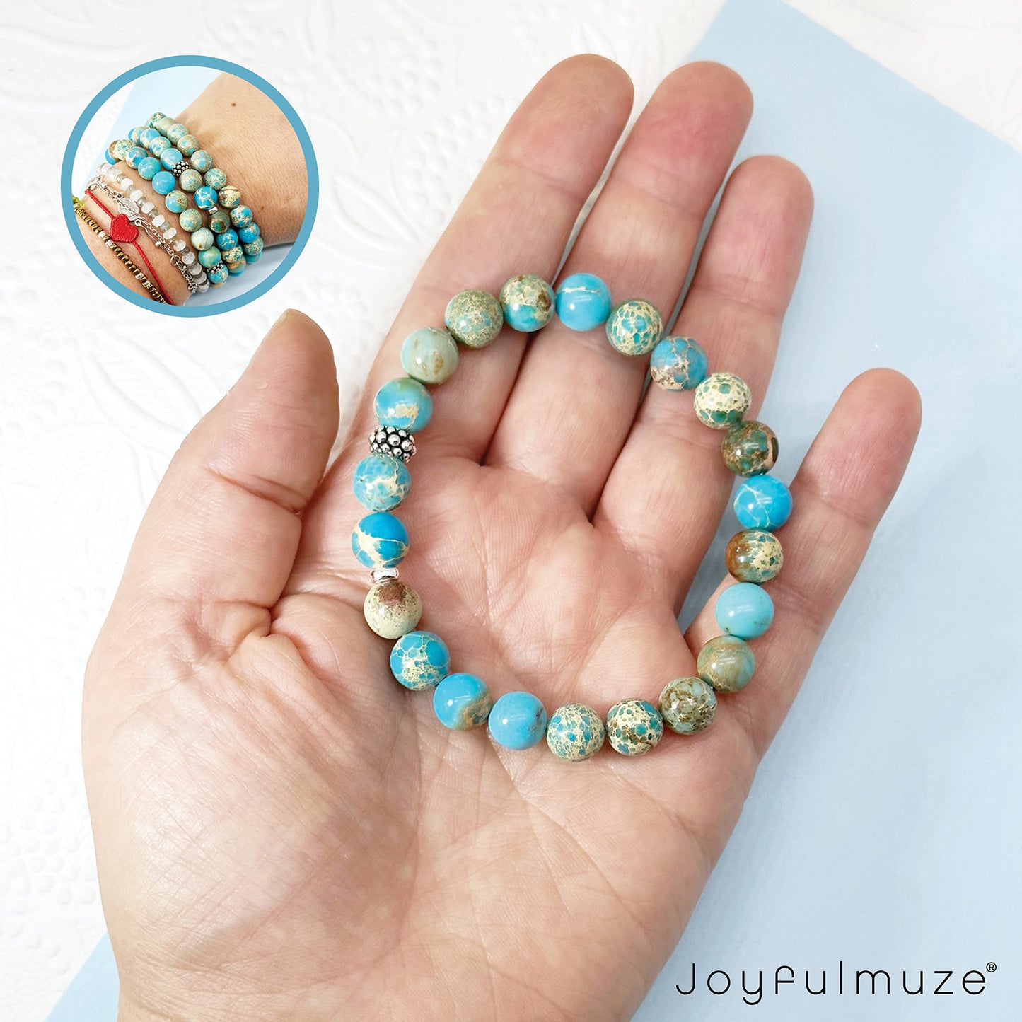 Joyfulmuze Handmade Stretch Bracelet, Genuine Turquoise Emperor Round Jasper, Premium Jewelry for Women Man Girls, Grounding Strength and Stability Stone, Sterling Silver Beads (Turquoise-Jasper-8mm)