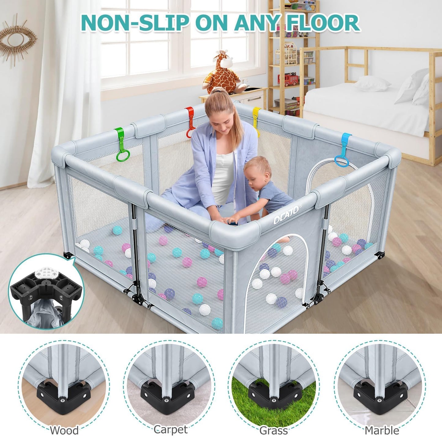 OCATO Baby Playpen: Foldable Playpen for Babies and Toddlers Large Play Pen Portable Playpen Fence Indoor Outdoor Kids Safety Area Travel Play Yard with 1 Storage Bag 4 Handlers 50 Balls (50" × 50")