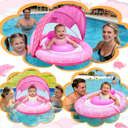 Baby Float with Canopy for Age 6-36 Months, UPF50+ Sun Protection 4 Stage Adjustable Canopy Dual Air Chambers Adjustable Safety Seat Inflatable Swim Pool Float for Baby Toddler