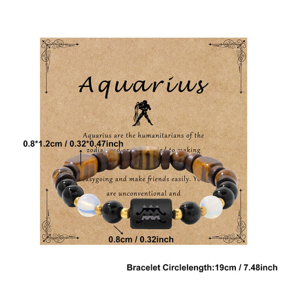 Zodiac Aquarius Black Obsidian And Opal Bracelets for Women Men-8mm Tiger Eye Beads Healing Crystals Mens Jewelry Anxiety Relief Bracelets for Valentine's Day Mother's Day Christmas Birthday Gifts