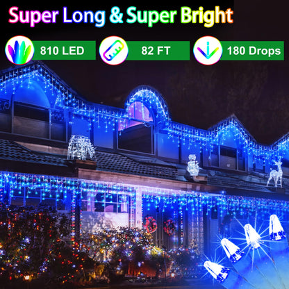 WUXYIYANG 82FT 810 LED Outdoor Christmas Lights - 180 Ice Drops, 12 Pro Modes with Timer Memory & Brightness, Waterproof Hanging Ice String Light for Holiday Wedding Garden Fence House Decor (Blue)