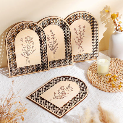Wesiti 4 Pcs Rattan Wooden Boho Wall Decor Floral Natural Room Wall Art Aesthetic Nursery Farmhouse Hanging Decor for Bedroom Living Room Office