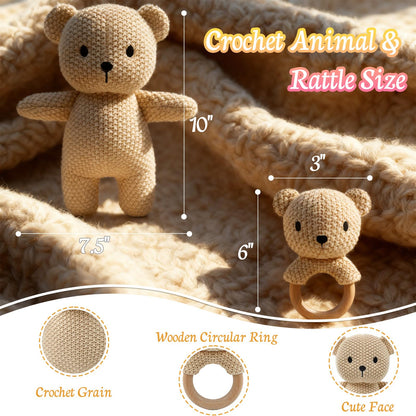 10" Crochet Bear Stuffed Animal with Rattle, Pure Cotton Soft Crochet Doll Plush Toy for Newborn, Handmade Baby Shower Gift & First Birthday Gift
