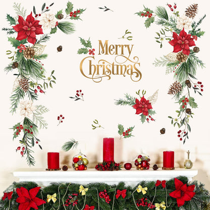 Wondever Christmas Flower Wall Stickers - Leaves and Floral Window Wall Art Decals for Xmas Party, Living Room