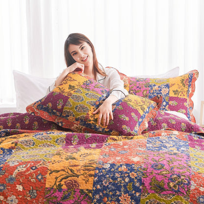 DECMAY 100% Cotton Quilt Queen Size, 3 Pieces Patchwork Bedspreads Queen Quilt Bedding Set, Lightweight Farmhouse Reversible Coverlet Comforter Set with 2 Pillowcases for All Seasons, Orange