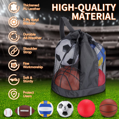 Leyndo 18 Pcs Sport Balls Bulk Set Basketball Football Volleyball Soccer Playground Baseball with Sport Equipment Bag Pump for Adults Gifts Outdoor Indoor(Brown)