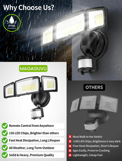 MAGAGUVU 100W LED Security Lights, 11000LM Hardwired Flood Lights with Remote Control, Motion Sensor Outdoor Lights, 3 Adjustable Heads, IP66 Waterproof, Dusk to Dawn Outdoor Lighting for Yard Garage