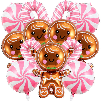 14 Pcs Christmas Balloons Decorations Gingerbread Man Balloons Pink Candy Cane Foil Balloon for Christmas Birthday Party Winter Themed Decorations