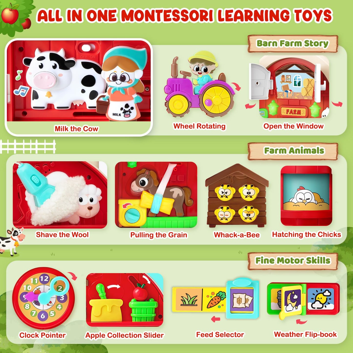 Toddler Toys for 1-2 Year Old Boys & Girls, Farm Barn Montessori Busy Board, Early Educational Toy for Kids 1-3, Motor Skills Developmental Toy for 12-18 Month, Christmas Birthday Gift for Aged 1+