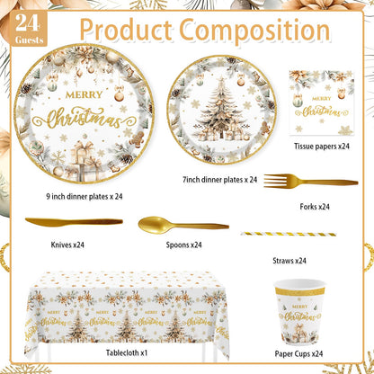MEHOFOND Christmas Party Supplies193PCS, Gold Christmas Tree Disposable Dinnerware Paper Plates, Napkins, Cups, Cutlery,Tablecloth for Xmas Holiday Party Decor, Serve 24 Guestst