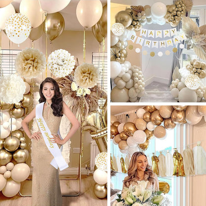 Upgraded Gold White Birthday Party Decorations for Girls Women Men with Happy Birthday Sash,Banner,Tissue Pompoms,Circle Dots Garland,Paper Tassels Garland, cake topper for Her Decor
