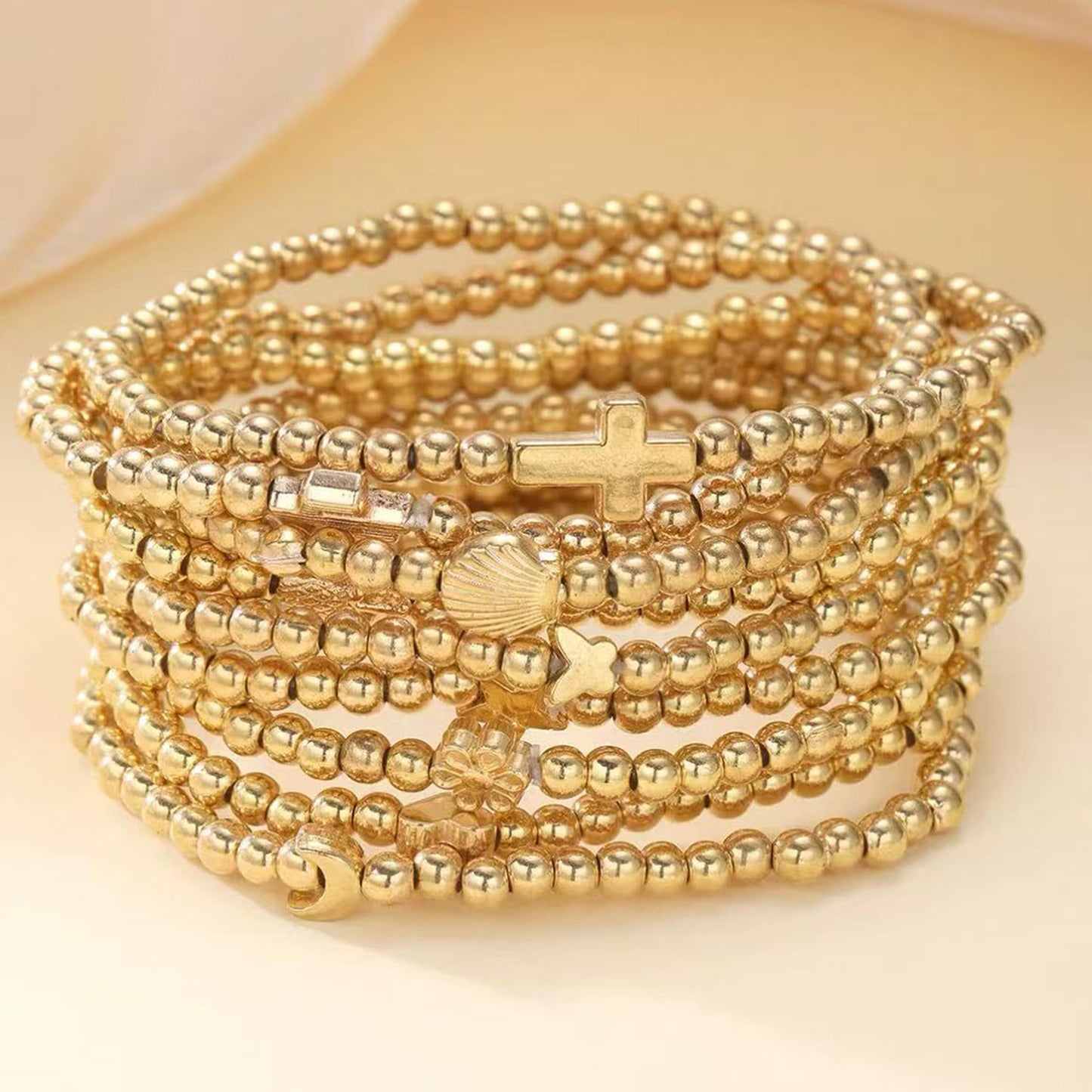 Harry and Henry Gold Beaded Bracelets for Women Non Tarnish Dainty Pearl Beaded Bracelet Cross Stack Stretch Bracelets for Women Trendy Gifts 2025 Easter Basket Stuffers