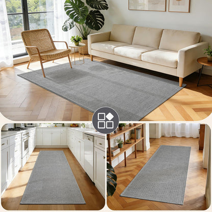 QiCaiJia Washable Runner Rug - 2x6 Rug Runners for Hallways Non Slip, Woven Kitchen Rugs, Stain Resistant Soft Entryway Rugs for Living Room Laundry Bathroom Indoor Door Mat (2'x6', Grey)