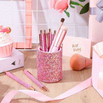 BBTO Bling Sequin Pen Holder with 6 Pcs Sequin Click Pens Cute Glitter Retractable Ballpoint Pens, Pencil Cups for Desk Organizer Makeup Brush Holder for Women Girls Classroom Offices(Pink)