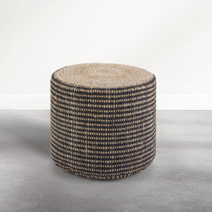 SIMPLIHOME Larissa Round Pouf - 18 inch Wide Hand Braided Jute Ottoman in Sandy Natural/Ebony, Boho Footstool or Extra Seating for Living Room or Kids Room with Polystyrene Bead Filling, Assembled