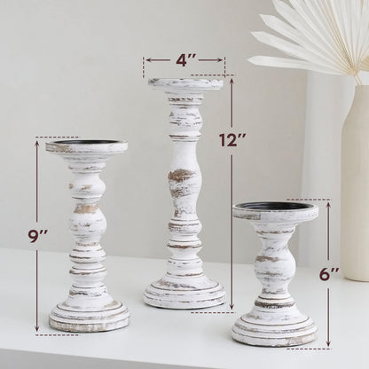 Large Candle Holders for Pillar Candles - Rustic Farmhouse Style Home Decor - Perfect for Table Centerpieces, Coffee Table or Fireplace Mantel - 3 Piece Set - White