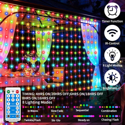 Solar Curtain Lights 10x10Ft 300LED Twinkle Fairy String Lights Multicolor Cool White Dual Color Changing Dimmable Waterproof Remote Timer Memory for Christmas Wedding Pergola Patio Outside