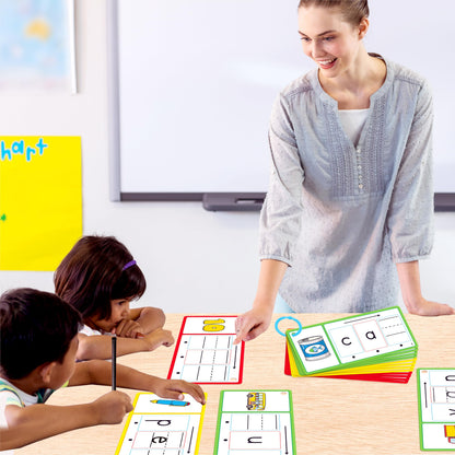 CVC Word Writing Cards, 100 Double-Sided Handwriting Cards 3-Level Short Vowel Spelling Flashcards CVC Sight Words Early Educational Tool for Kids 3 4 5 Years Old (3 Plastic Rings Included)