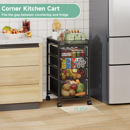 keomaisyto 5-Tier Kitchen Storage Cart with Top Basket & Drawers, Fruit and Vegetable Storage Rack on Lockable Wheels, Metal Kitchen Organization for Snacks, Potatoes, Onions, Cans & Craft Supplies