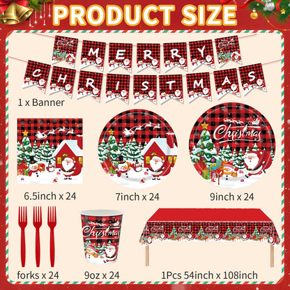 AWLZJZQA 122 PCS Christmas Party Supplies Serve 24 Guests Merry Christmas Plates and Napkins Party Decorations Disposable Dinnerware Decor Snowman Santa Claus Red Grid