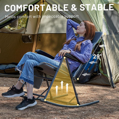 Timber Ridge 3-Level Adjustable Rocking Camping Chair, Padded High Back Outdoor Rocking Chair with Side Pocket, Portable Folding Rocker for Adults, Supports 300 LBS for Lawn, Patio, Porch