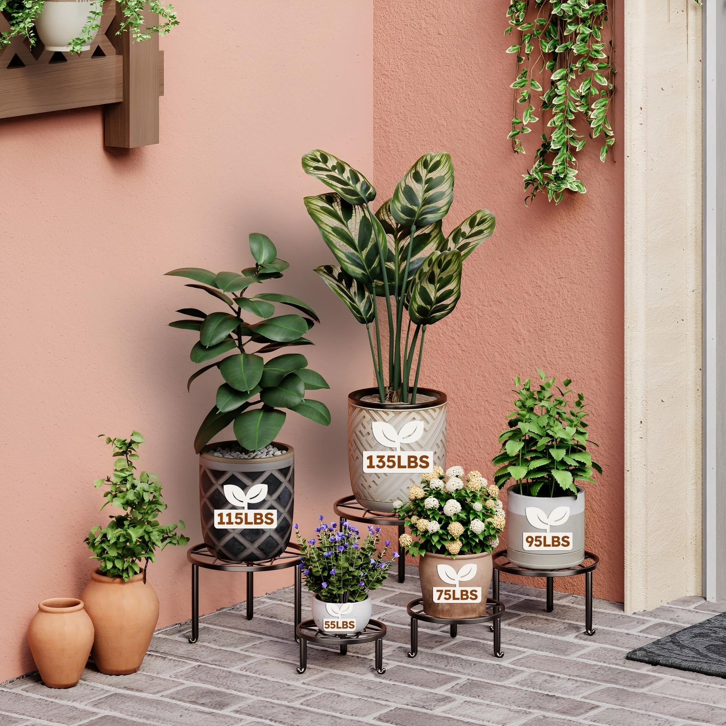 NQW 5 Pack Plant Stand Metal Flower Pot Stand Holders Indoor Tall Plant Rack Plant Round Black Plant Shelf For Living Room, Garden, Balcony