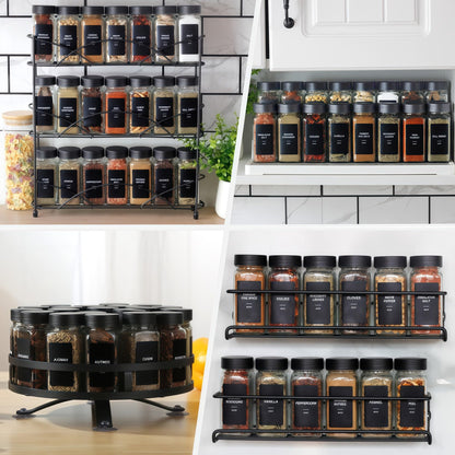 JARXSUN 24Pcs Spice Jars Containers with Labels，4oz Black Seasoning Bottles with Shaker Lids for Rack, Cabinet, Drawer,Empty Square Condiment Pots (24, Black)