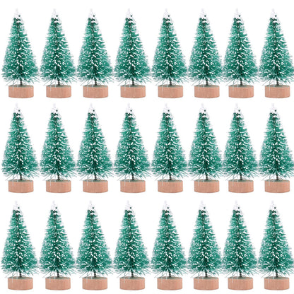 24 Pieces Artificial Mini Christmas Sisal Snow Frost Trees with Wood Base Bottle Brush Trees Plastic Winter Snow Ornaments Tabletop Trees for Christmas Party Home Decoration (Green)