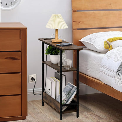 Narrow Side Table with USB-C Charging Station, 3-Tier Slim End Table with Magazine Holder, Modern Thin Side Table for Couch or Small Spaces, Skinny Nightstand for Living Room or Bedroom