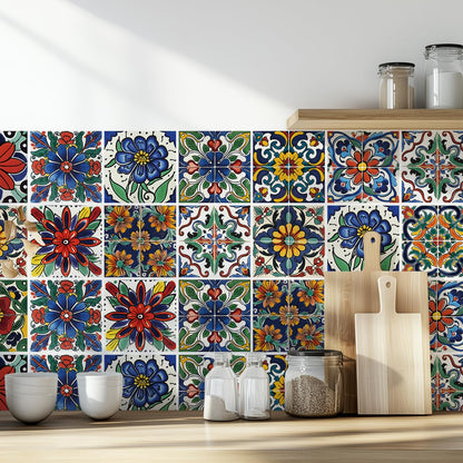 30 Pcs Mediterranean Style Peel and Stick Wall Tile Decals - Waterproof Vinyl Stickers for Kitchen Backsplash, Bathroom, Stair Riser Decor - Spanish Floral Pattern - 4x4 Inch