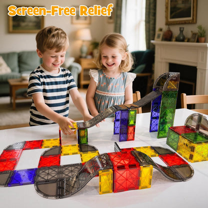 WMXDU 2-in-1 Dynamic Magnetic Downhill & Race Track Set - 40PCS Expandable Magnetic Tiles with Car for Creative STEM Play The Ultimate Travel Toy & Gift for Kids Ages 3-8 (40pcs-Race Set)