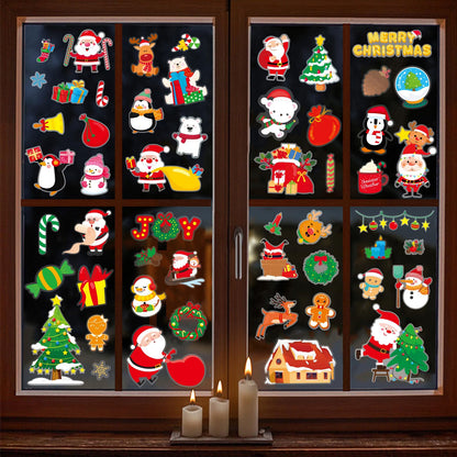 Christmas Wall Decals 124 Pieces Merry Christmas Wall Stickers Santa Snowman Winter Snowflakes Xmas Candy Stickers for Wall Window Door Bedroom Garage Home Office Decor