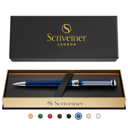Scriveiner Midnight Blue Ballpoint Pen - Stunning Blue Lacquer Luxury Pen, Chrome Finish, Schmidt Black Refill, Best Ball Pen Gift Set for Men & Women, Professional Executive Office, Nice Designer Pen