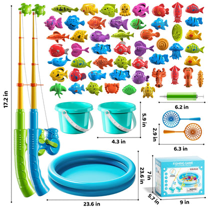 Magnetic Fishing Game Pool Toys for Kids 3 4 5 6 7 8, Water Table Bathtub Toys with Inflatable Pool, Bath Toys for Toddlers, Summer Outdoor Indoor Magnetic Fishing Toys Gifts for Boys Girls 3-5 4-8