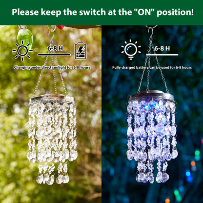 Glitzhome 18.75”H Wind Chime for Outside Solar Wind Chime Hanging Decorative Transparent Acrylic Jewel Beads with Blue LED Light Battery Operated Mini Chandelier for Home Garden Patio Yard