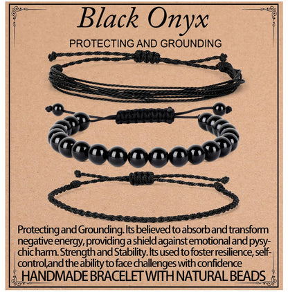 QOGIR Handmade Healing Bracelets,8mm Natural Black Onyx Gem Stone Beads Bracelet for Men Women Gifts with 2PCS Size Adjustable Rope Bracelets