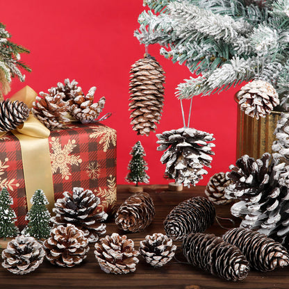 Giegxin 80 Pcs Winter Natural Pine Cones Ornaments 1.5-3.9inch Snow Frosted Pinecones for Crafts with String Bulk Xmas Tree Hanging Pendant Winter Holiday Decoration for DIY Gift Vase Filler Party