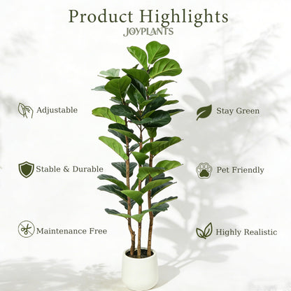 Joyplants 5ft Fake Fiddle Leaf Fig Tree, Realistic Fake Plants with Natural-Looking Trunk, Evergreen Faux Plants Indoor for Home & Office Decor（3 Poles, White Pot）