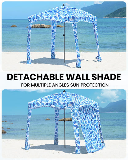 Qipi Beach Cabanas for Sand, Beach Canopy with Sandbags & Side Wall for Family, Easy Set Up Sun Shelter, UPF 50+ UV Protection with Roof Vent 6' x 6' A-Sea Life