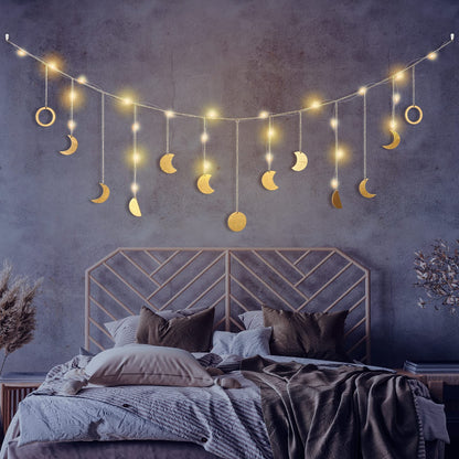 Brmeday Moon Phase Wall Decor with LED String Light, 13 Gold Wood Boho Wall Hanging Decor Mood Garland 56'' - Celestial Phases Moon Decoration in Bohemian Style for Bedroom Living Room, Gifts for Mom