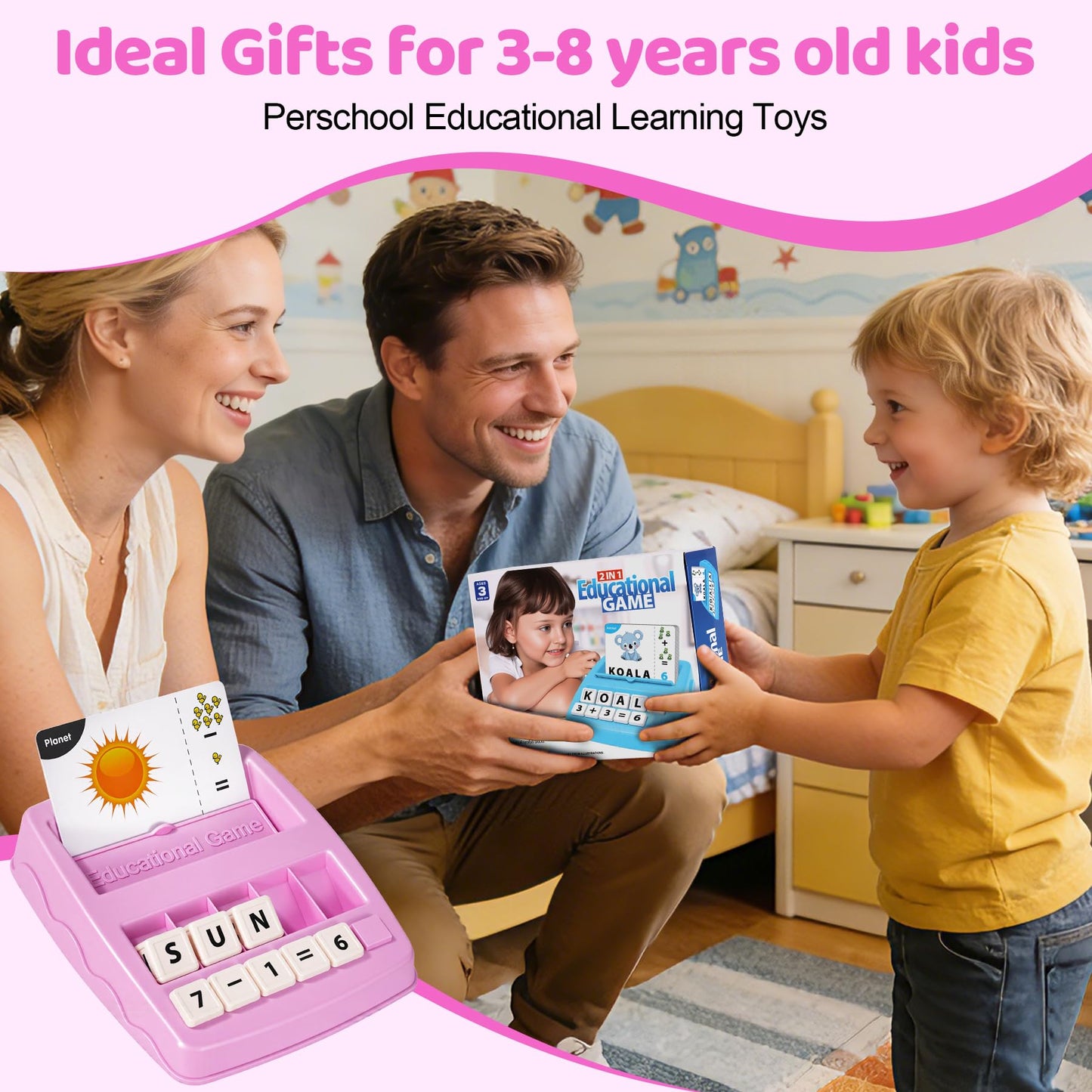 ACGROW Educational & Learning Toys for Kids, 3-8 Years Old Matching Games with Letter & Math Flash Cards, Christmas Birthday Gifts for Preschool Boys Girls Grandkids- Pink